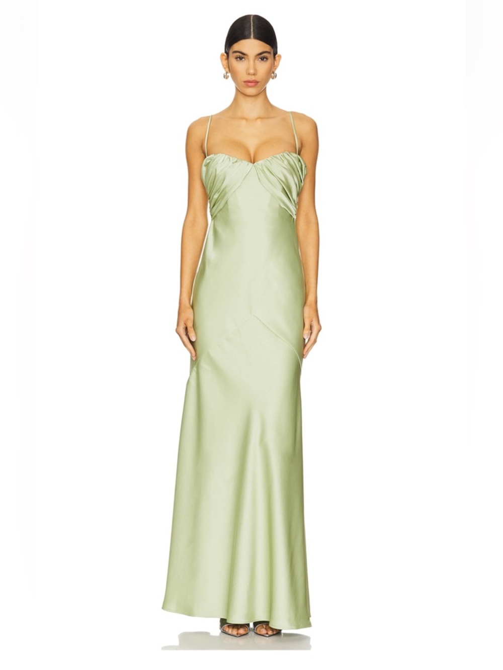 Satin Spaghetti Strap Gown in sage green
